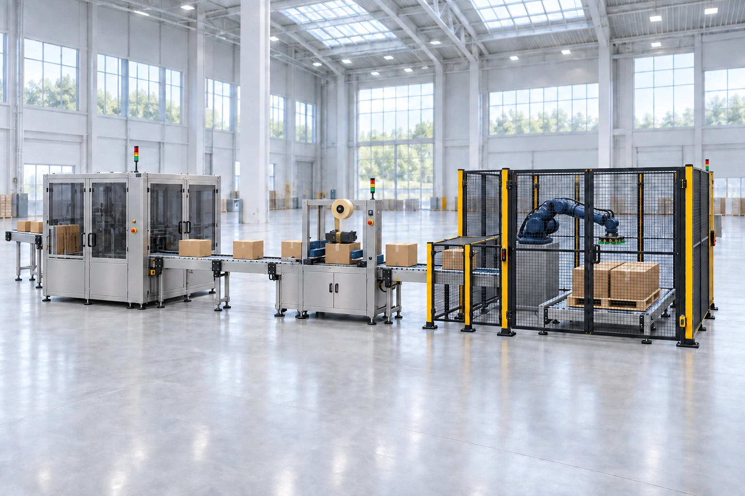 Automated case packing, sealing and robotic palletising line — concept illustration