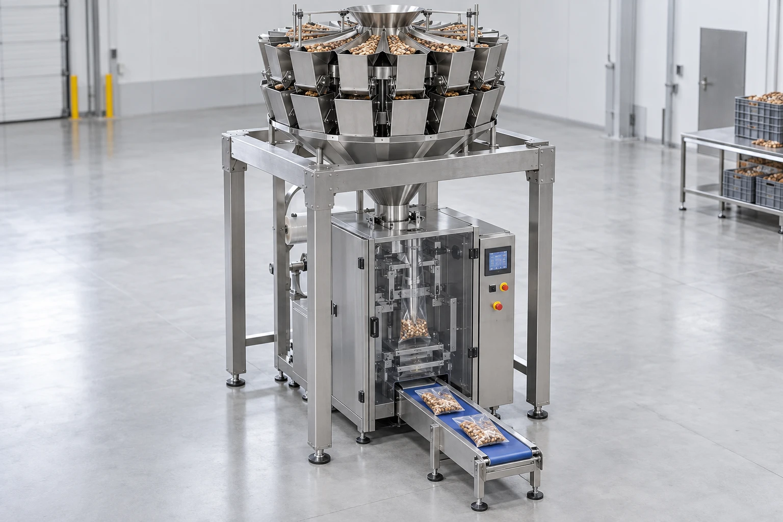 Multihead weigher above a vertical bagging machine — illustrative image
