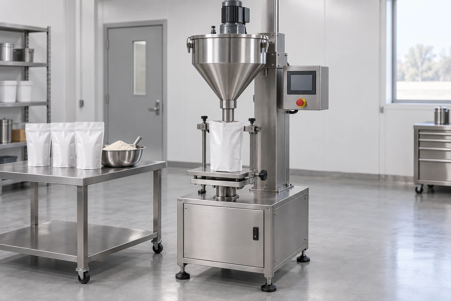 Auger powder filler for open premade pouches — illustrative image