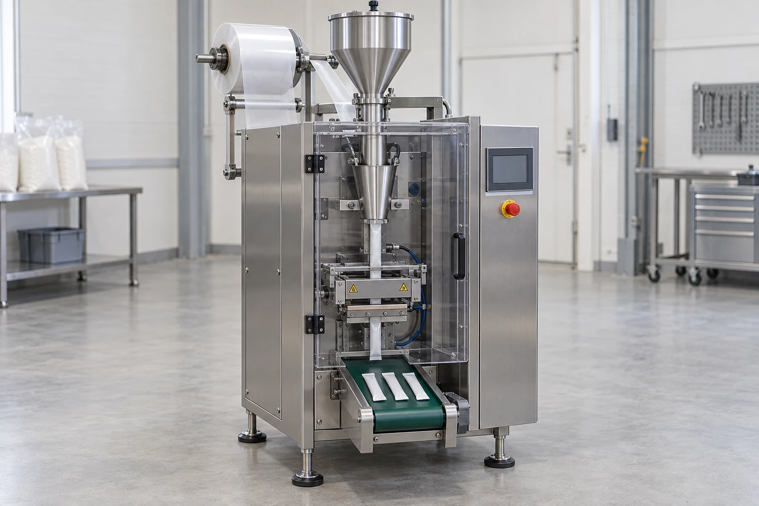 Single-lane vertical sachet packaging machine — illustrative image